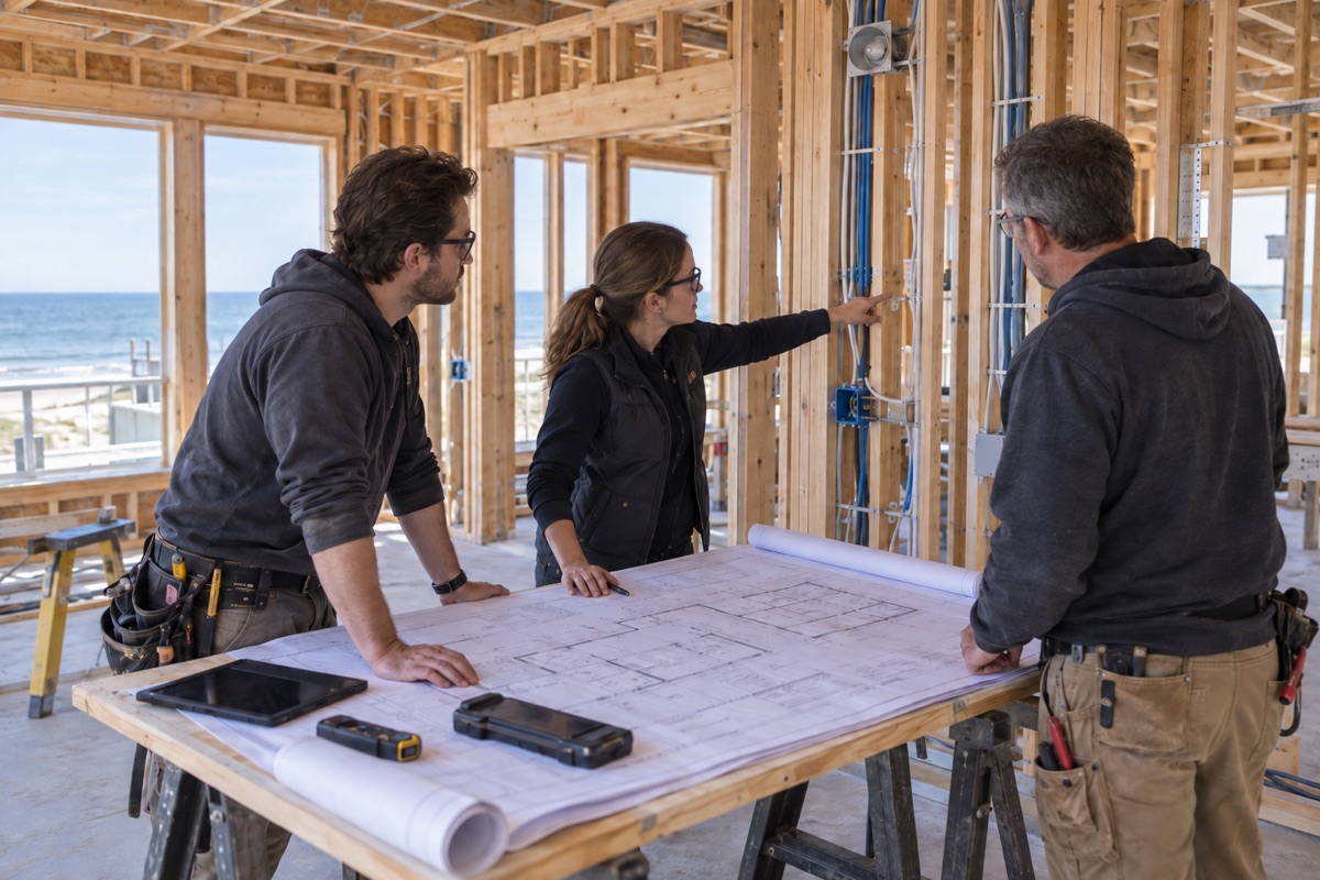 A smart-home designer and trades reviewing blueprints and wiring locations inside a framed house