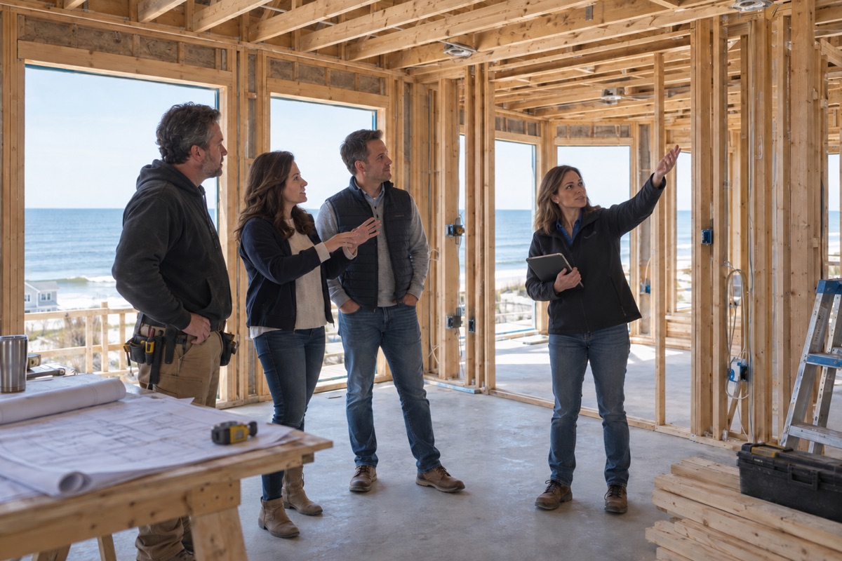 Homeowners, their builder, and a smart-home consultant walking through an unfinished framed shore house